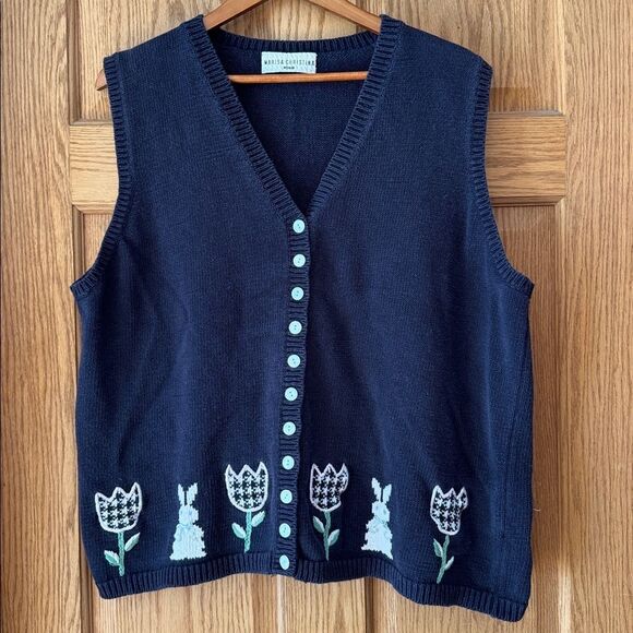 MARIA CHRISTINA Bunny & Tulip Embroidered Cottagecore Easter Sweater Vest - Picture 9 of 11